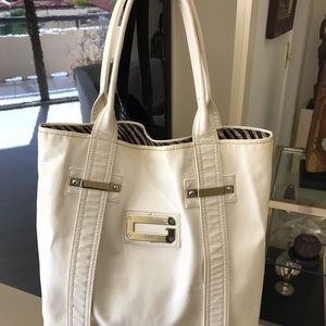 Guess tote. White patent leather with silver logo.